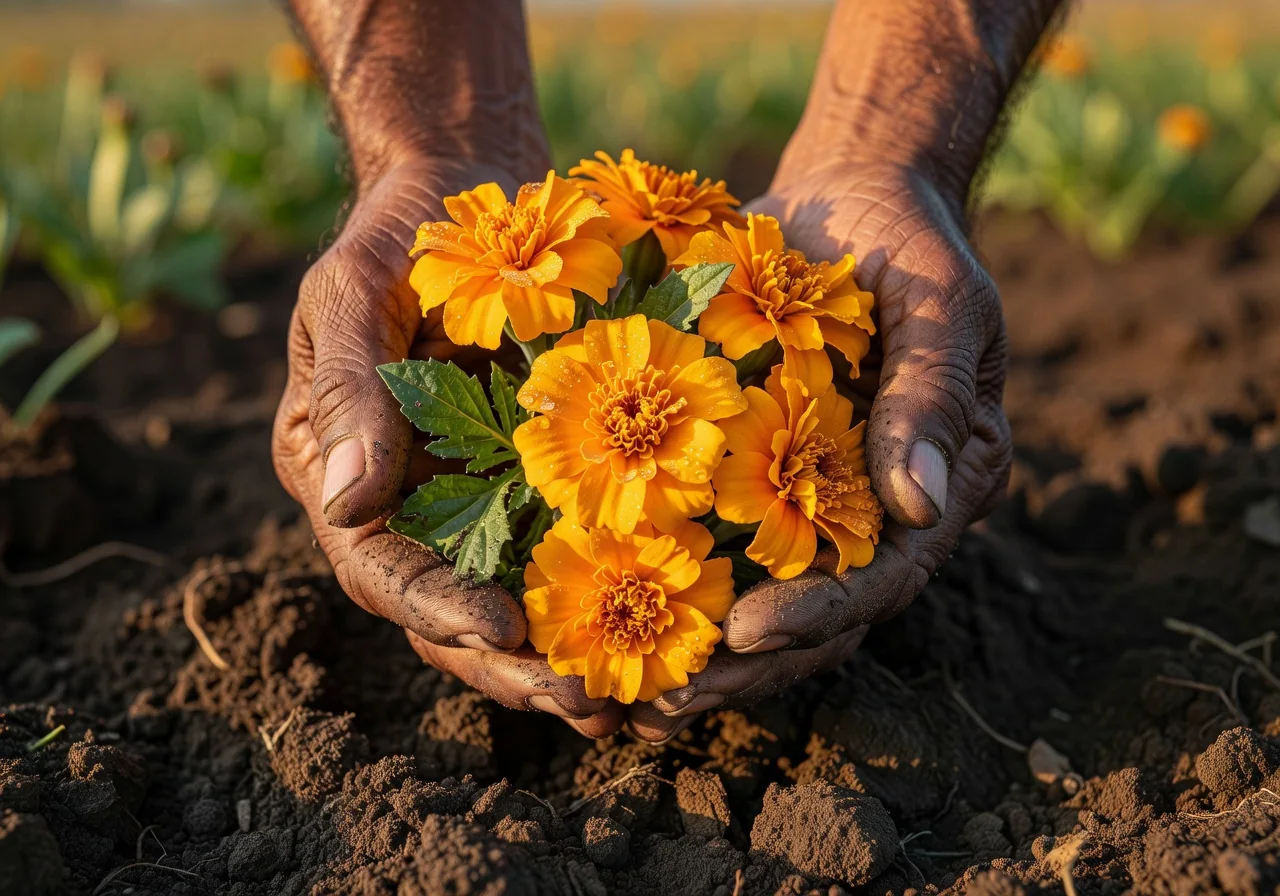 Weathered hands cradling fresh marigold blooms over dark soil — botanical sourcing