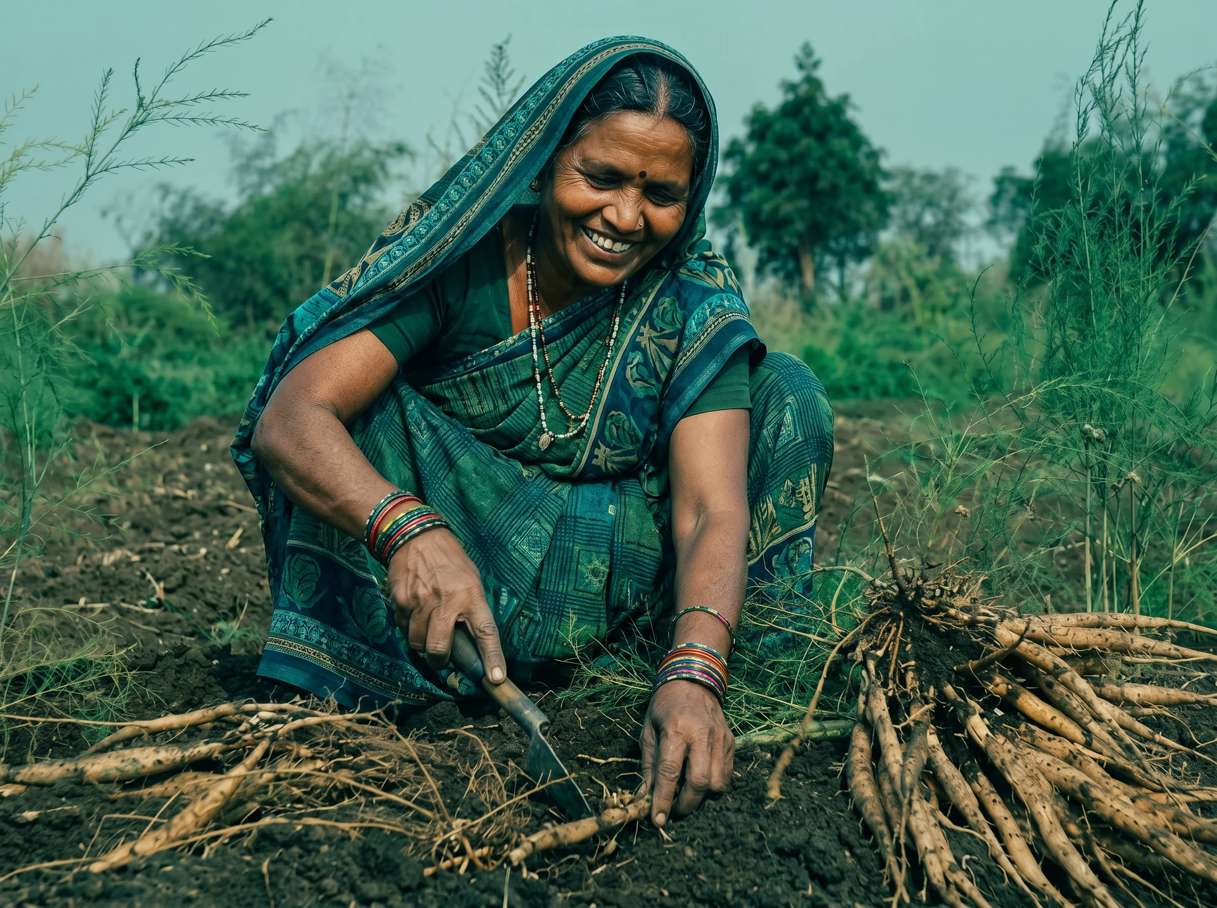 An Indian farmer harvesting shatavari roots by hand in the field — direct farmer sourcing